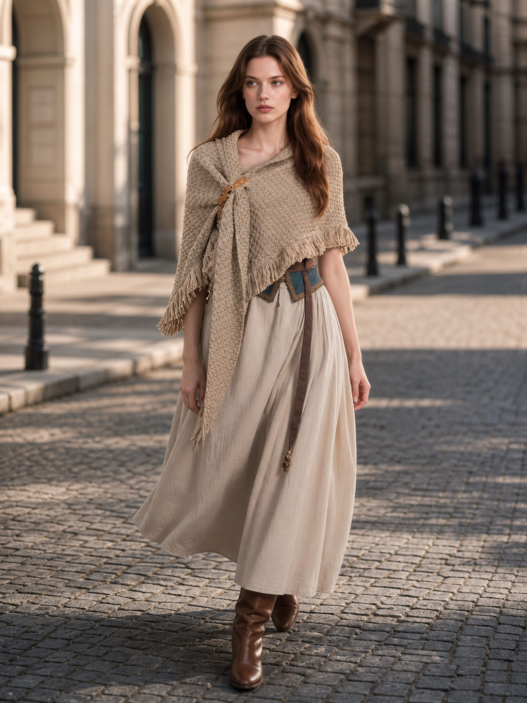 Beige textured cape with fringe and a pointed front, styled with a long skirt and boots in an outdoor street scene