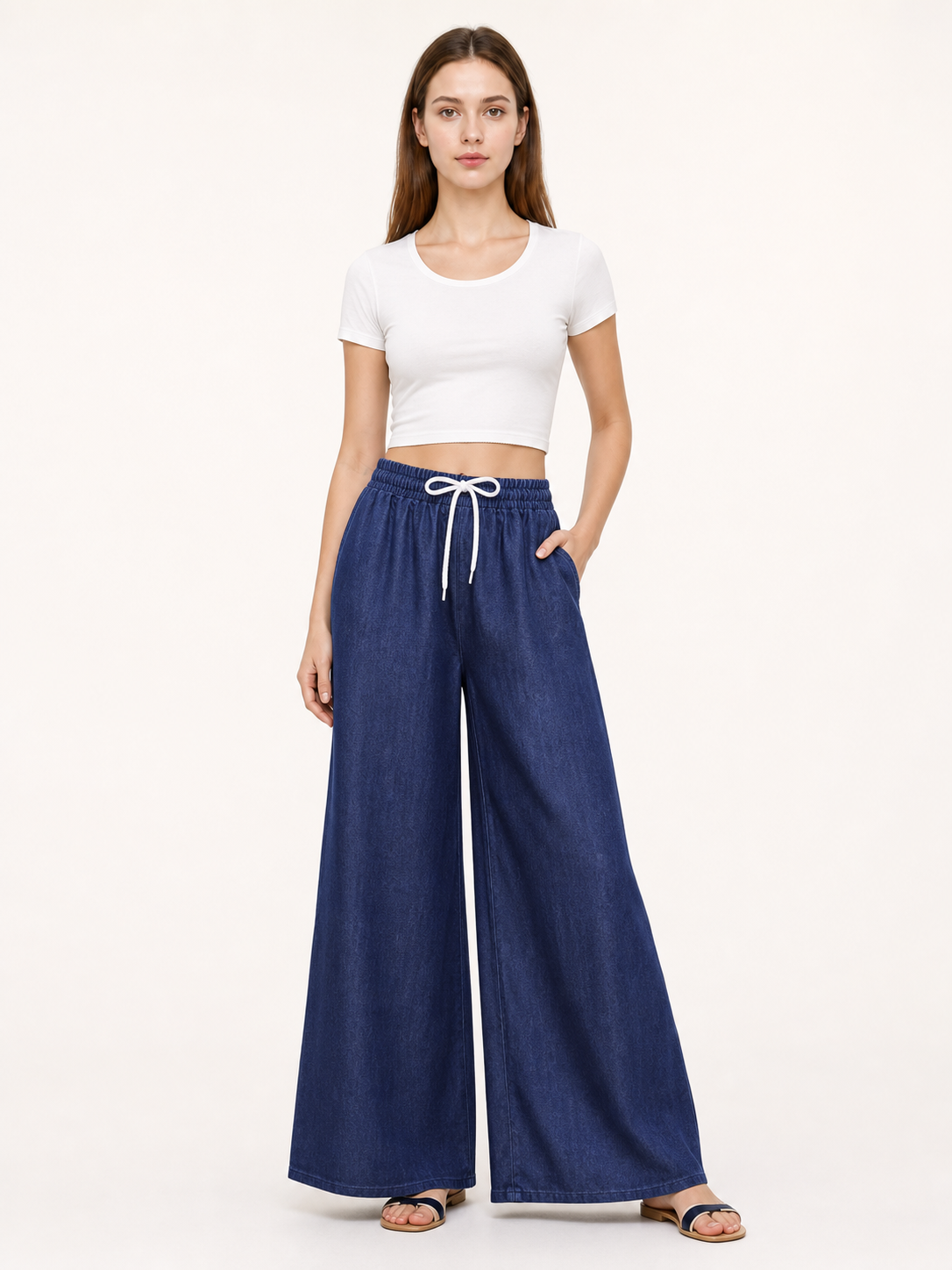 Dark Blue Palazzo Pants with an Elastic Waistband and White Drawstring main product view 2