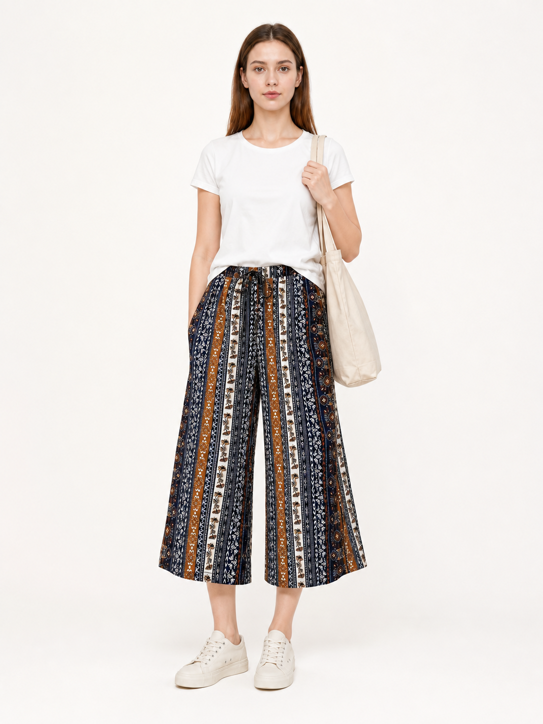 Bohemian High-Waist Wide-Leg Drawstring Pants with Multi-Color Vertical Stripes main product view 2