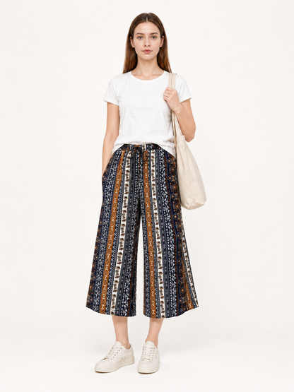 Bohemian High-Waist Wide-Leg Drawstring Pants with Multi-Color Vertical Stripes main product view 2