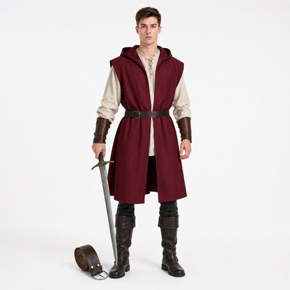 Medieval Fantasy Cosplay Costume Sleeveless Hooded Burgundy Robe Vest, Long Open Front Outer Garment for Role Play Stage Performance