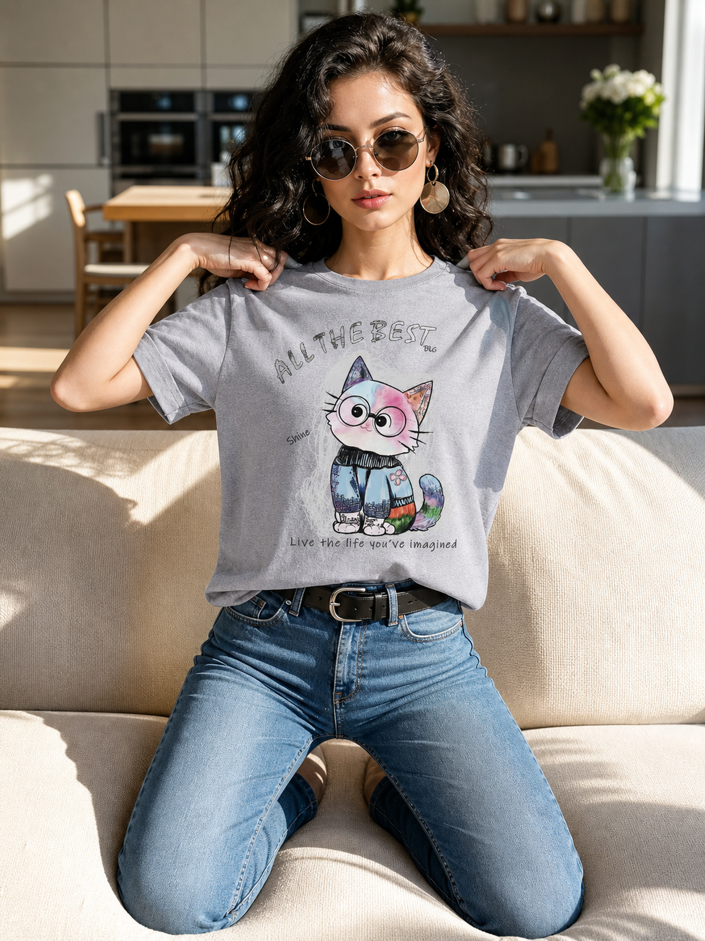 Women's Cat Print T-Shirt, Knit, Relaxed Fit