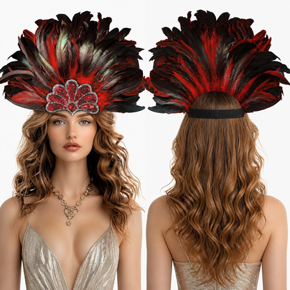 Front and back views of a red and black feathered headpiece, showing the jeweled front panel and black rear headband