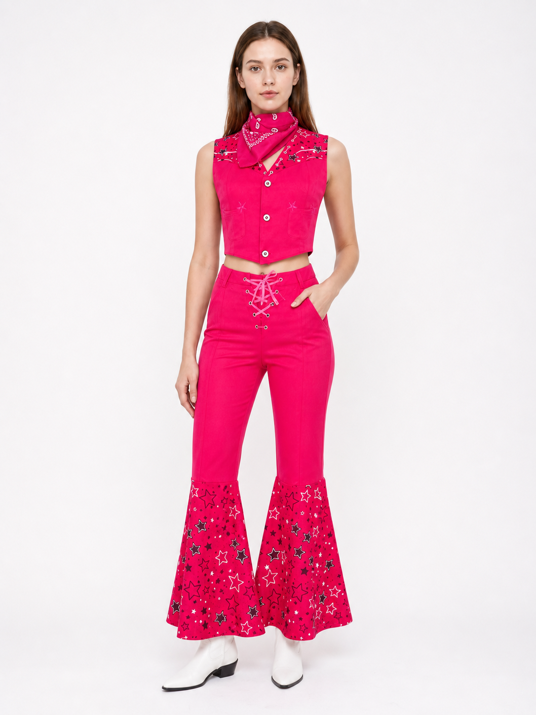 Barbie-style cosplay set consisting of two pieces: a cropped sleeveless top and flared-leg pants. The top resembles a vest with a front button closure, a decorative yoke, and a styled collar area. The pants have a high waist, front lacing, 