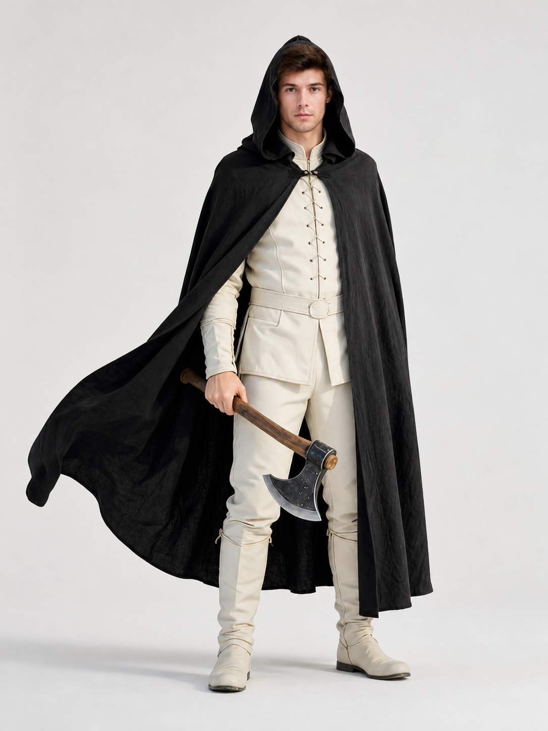 Black Long Hooded Cotton-Linen Cloak main product view 6
