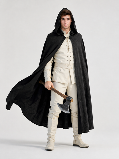Black Long Hooded Cotton-Linen Cloak main product view 6