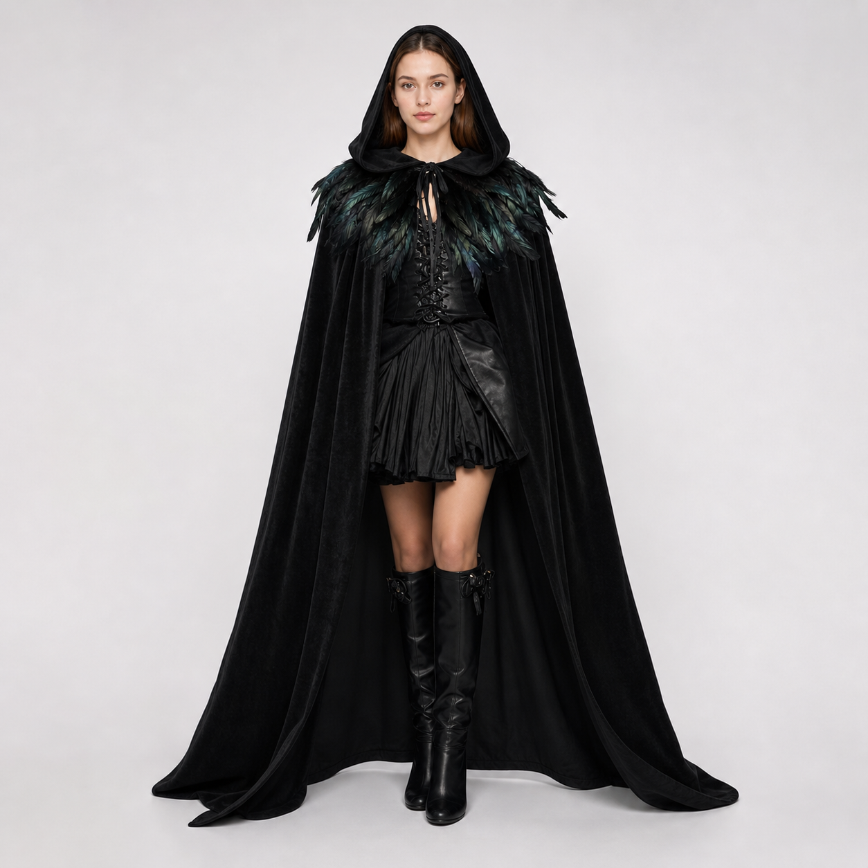 Black Velvet Hooded Cape with Feathers