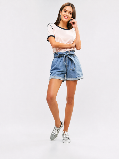 Blue Relaxed-Fit High-Rise Denim Shorts with Tie Waist main product view