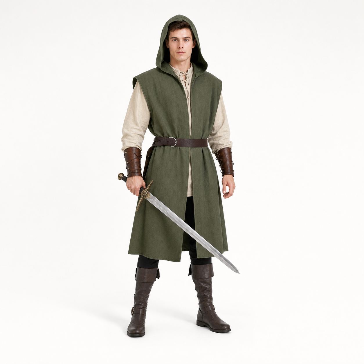 Medieval Fantasy Role Play Costume Set, 2-Piece Olive Green Hooded Sleeveless main product view 2