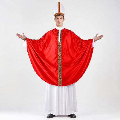 Papal-Style Ceremonial Costume Set With Red Robe, White Undergarment And Pointed Mitre Hat For Stage, Film And Themed Events