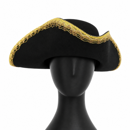 Black and Gold Trim Pirate Hat, Wide Curved Tricorn Costume Headpiece with Structured Crown for Cosplay, Costume Parties and Themed Events