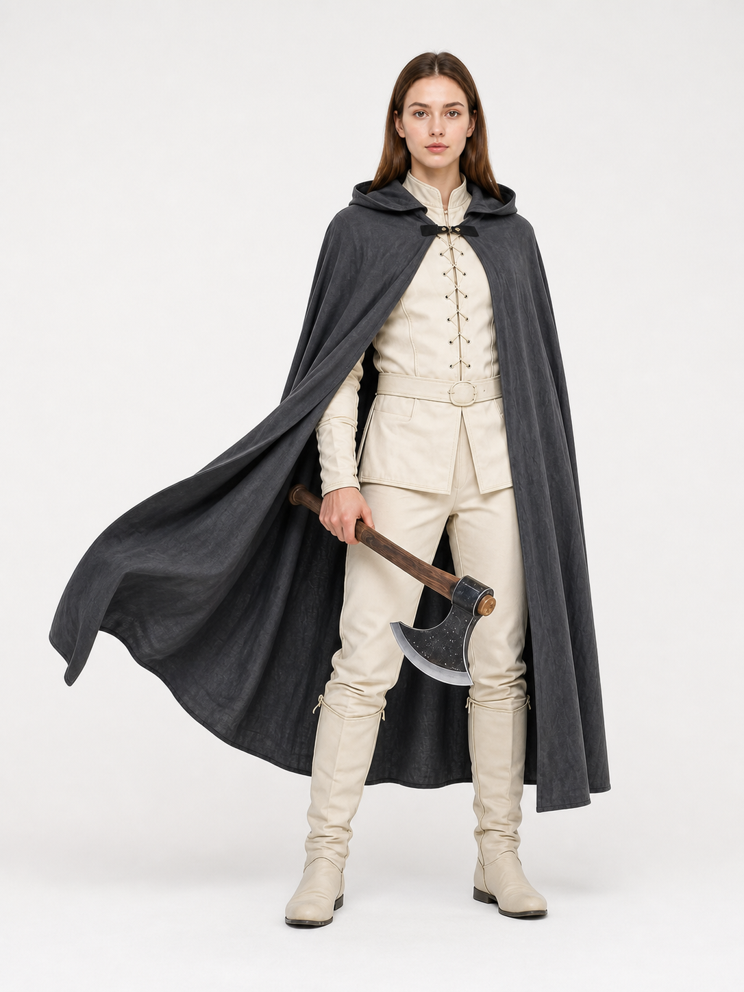 Adult Fantasy Hooded Cape, Long Dark Gray Cloak With Front Tie Closure, Wide main product view 5