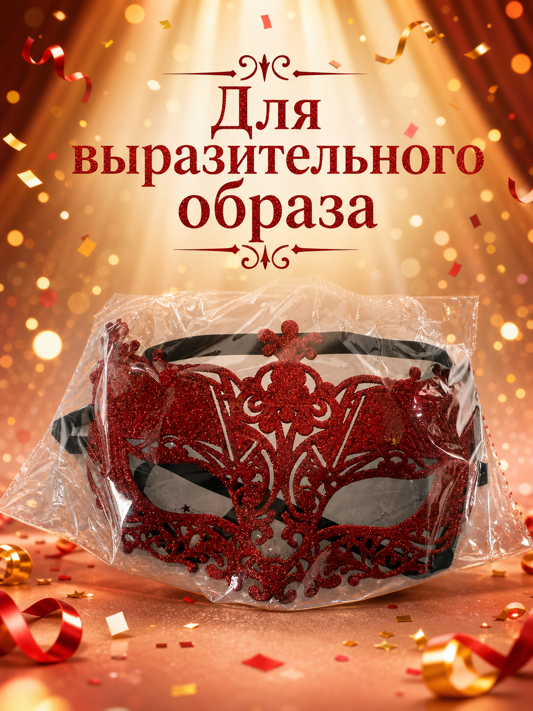 Information card with Russian text above a packaged red glitter masquerade mask surrounded by party decorations