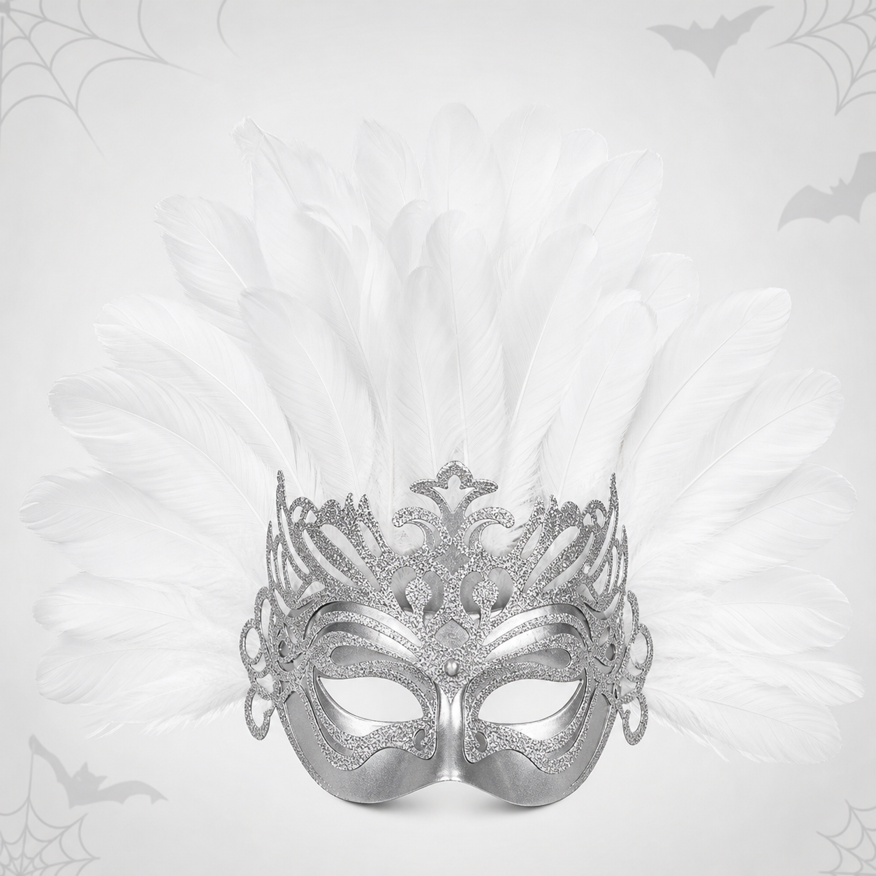 1pc White Feather Mask with Silver Lace Hollow Out, Crown Headdress for Vintage main product view 3