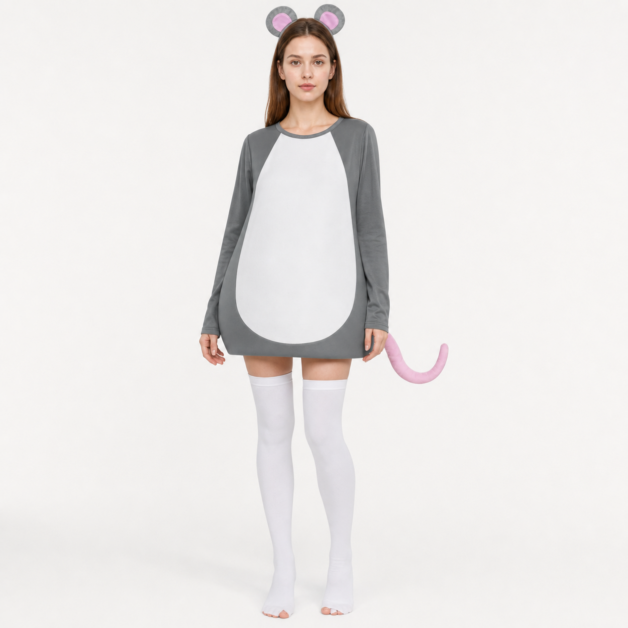 Adult Gray Mouse Costume Set with White Belly, Pink Tail and Mouse-Ear Headband for Costume Parties, Cosplay and Themed Events