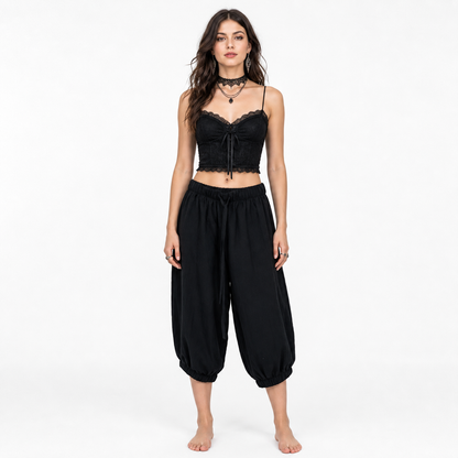 Black Cotton-Linen Cropped Pants, Loose Baggy Relaxed Fit, Elastic Waistband, Cuffed Hem, Casual Everyday Wear