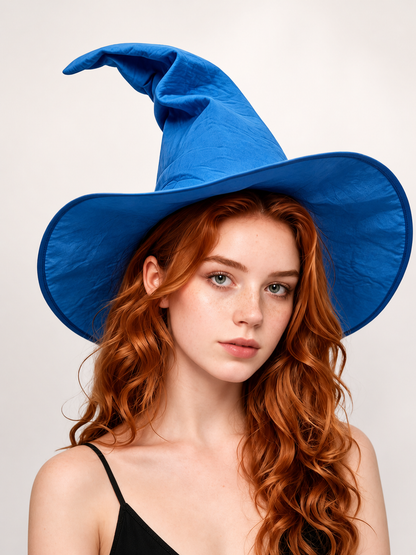 Blue Halloween Witch Hat, Wide Brim Curved Pointed Cap with Black Chin Strap main product view 3