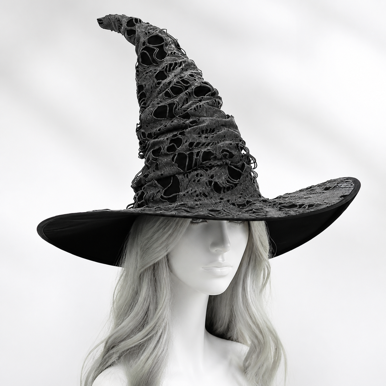 Gray Black Halloween Witch Hat For Women Wide Brim Curved Pointed Tattered Torn main product view