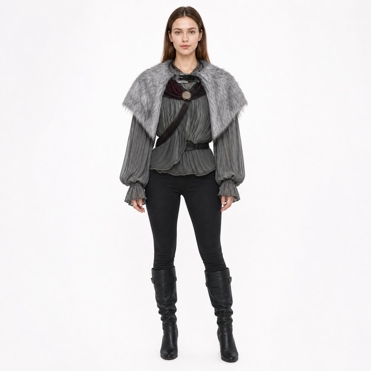 Adult Viking Cape Costume, Fluffy Gray-White Shoulder Edge, Gold Emblem & Button main product view