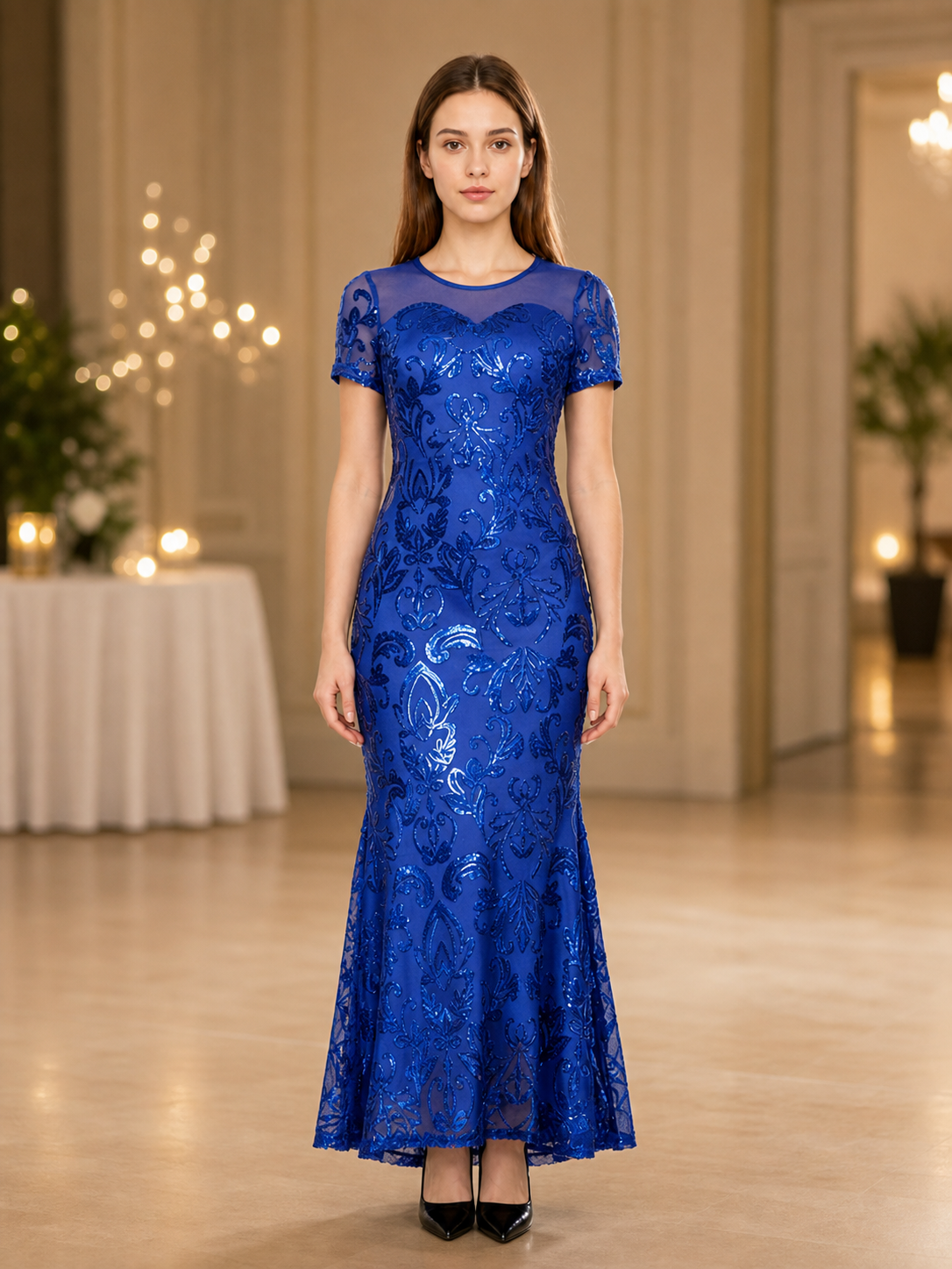 Blue evening dress with floral pattern and sequins