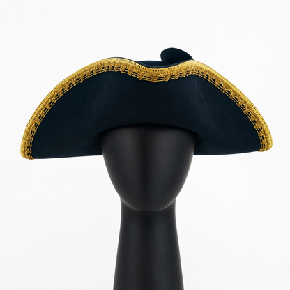 Classic Pirate Tricorn Hat, Black Three-Cornered Costume Hat with Gold Braided Trim and Decorative Gold Edging for Cosplay, Costume Parties and Themed Events