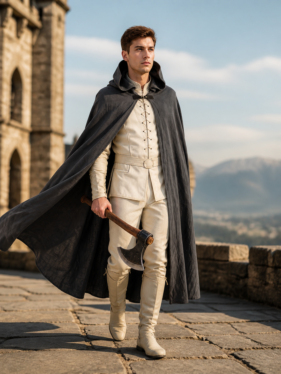 Adult Fantasy Hooded Cape, Long Dark Gray Cloak With Front Tie Closure, Wide main product view 6