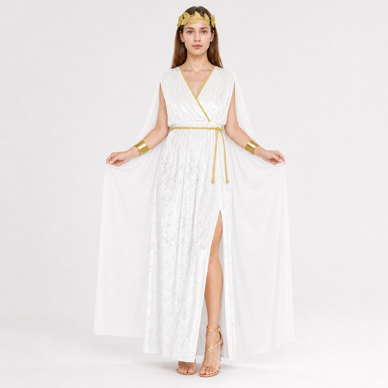 Women’s Greek Goddess Costume Dress, 4-Piece White Draped Outfit with Cape Panels, Leaf Crown Headband and Gold Wrist Cuffs for Cosplay Parties