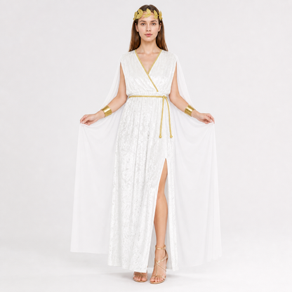 Women’s Greek Goddess Costume Dress, 4-Piece White Draped Outfit with Cape Panels, Leaf Crown Headband and Gold Wrist Cuffs for Cosplay Parties
