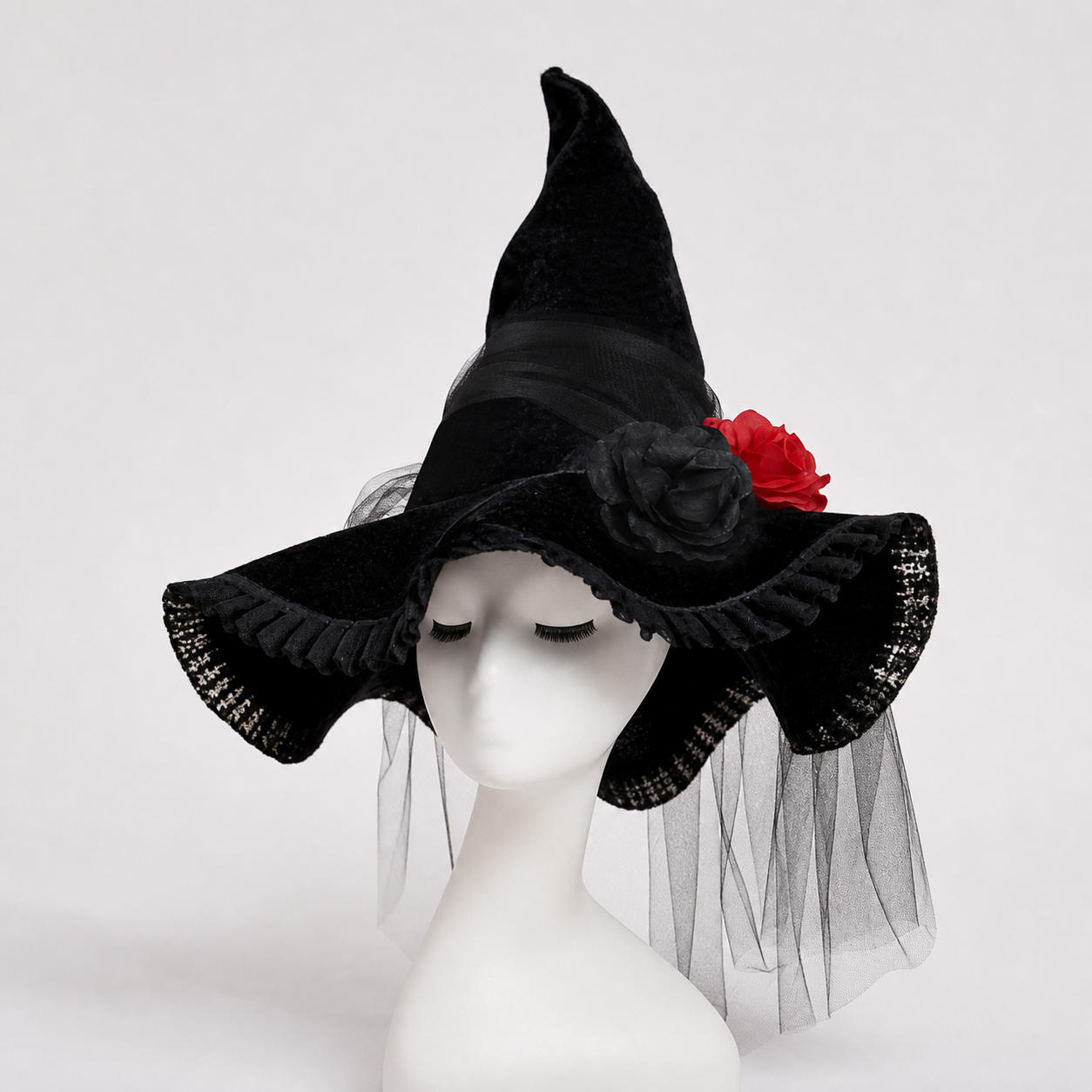 Black Halloween Witch Hat with Red Rose, Wide Brim, Tall Pointed Crown and Sheer Veil for Costume Parties and Photo Shoots