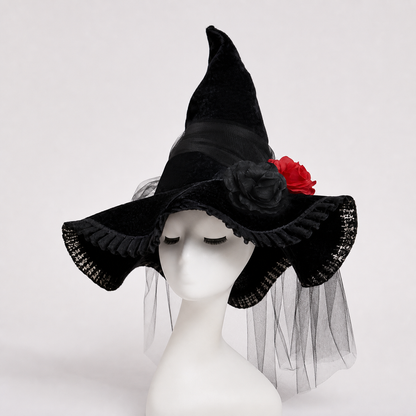 Black Halloween Witch Hat with Red Rose, Wide Brim, Tall Pointed Crown and Sheer Veil for Costume Parties and Photo Shoots