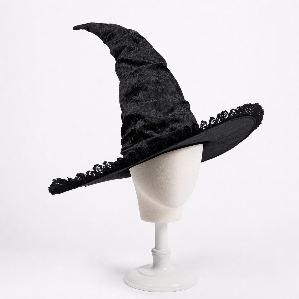 Black Halloween Witch Hat with Tall Crooked Pointed Crown, Wide Brim, Ruched Textured Velvet-Like Fabric and Lace Trim Gothic Costume Accessory for Cosplay Party Photo Shoot