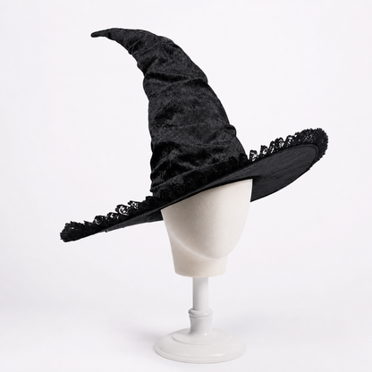 Black Halloween Witch Hat with Tall Crooked Pointed Crown, Wide Brim, Ruched Textured Velvet-Like Fabric and Lace Trim Gothic Costume Accessory for Cosplay Party Photo Shoot