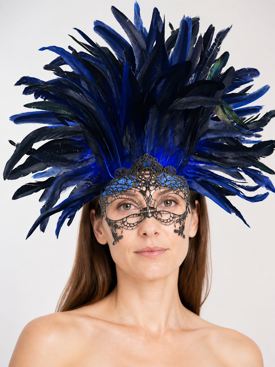 Carnival Headpiece with Blue-and-Black Feathers and Mask main product view 6
