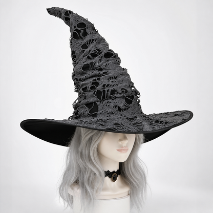 Dark Gray Halloween Witch Hat, Tall Crooked Pointed Hat With Distressed Shredded Texture, Wide Curved Brim For Costume Party Cosplay