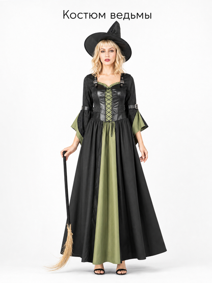 Long Witch Costume Dress for Halloween with Hat