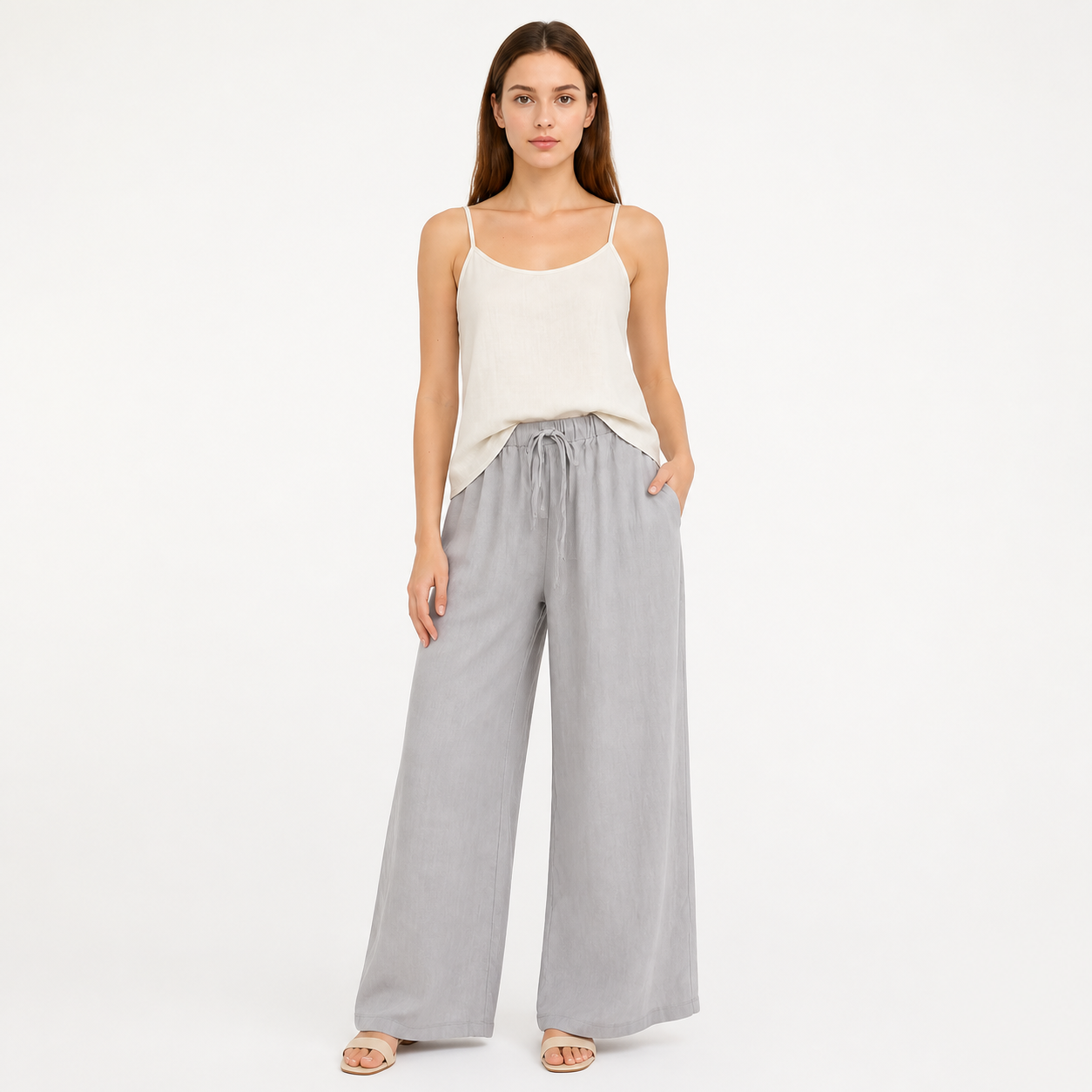 Gray wide-leg jeans with a drawstring and elastic waistband main product view