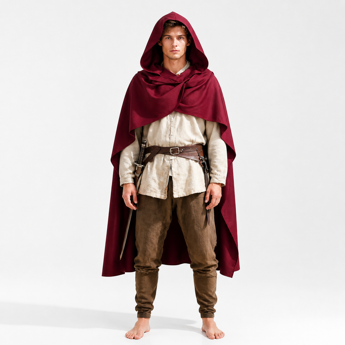 Wine red hooded cape with a deep hood and overlapping front, shown full-body on a barefoot model against a light studio background