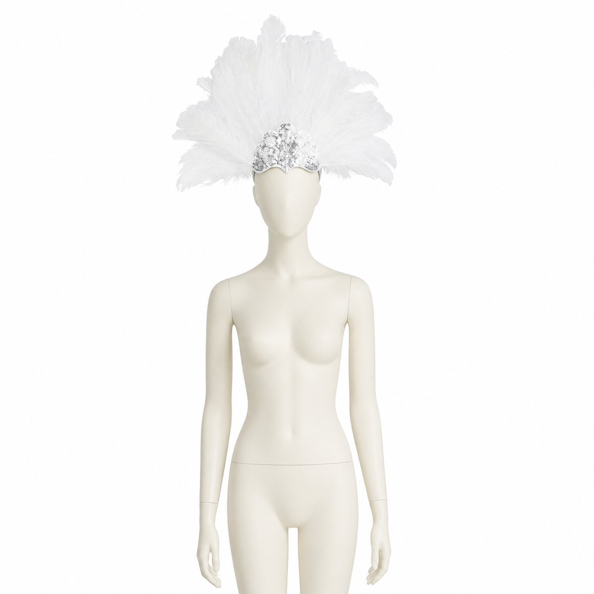 White feather carnival headband displayed on a full mannequin, with a large feather fan and silver sequined front