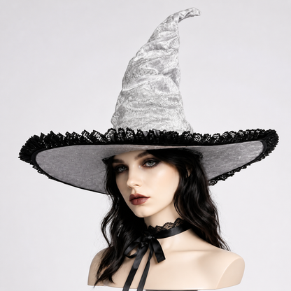 White and Black Witch Hat, Wide Brim Pointed Hat with Lace Trim and Curved main product view