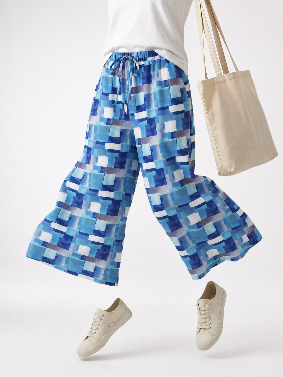 Blue and White Palazzo Pants with Geometric Print main product view 4