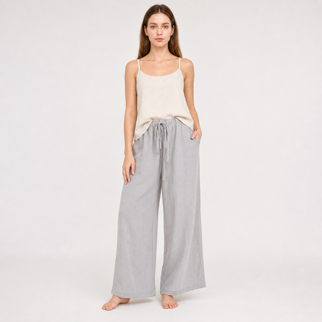 Gray wide-leg jeans with a drawstring and elastic waistband main product view 2