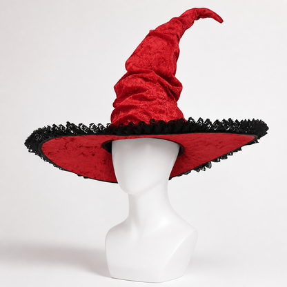 Red and Black Wide Brim Witch Hat, Tall Curved Pointed Top with Black Lace Trim main product view 2