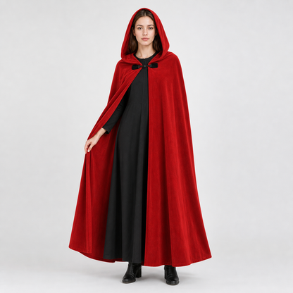 Medieval Hooded Cape, Long Flowing Bright Red Cloak with Oversized Hood and Toggle Closure for Cosplay Costume Parties