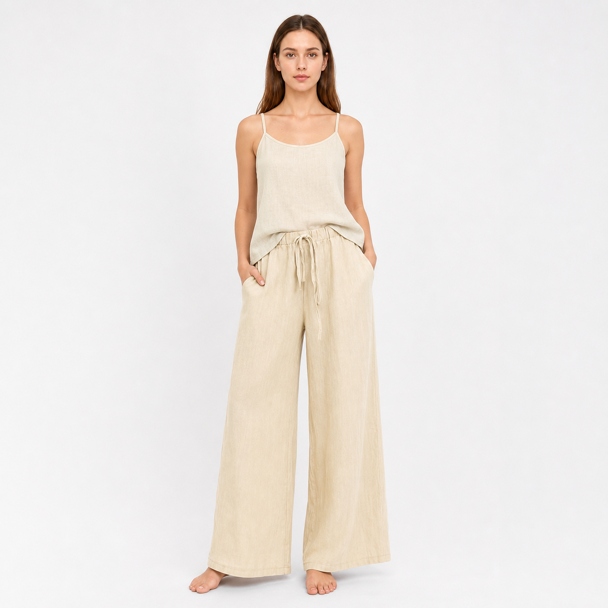 Beige Wide-Leg Pants with an Elastic Waistband and Drawstring main product view 3