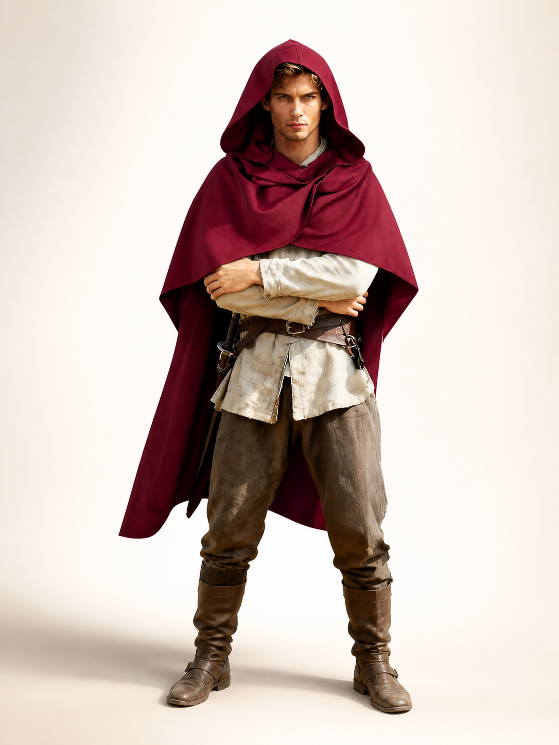 Wine red hooded cape with a layered overlap front and deep hood, shown full-body on a model in a medieval-style outfit