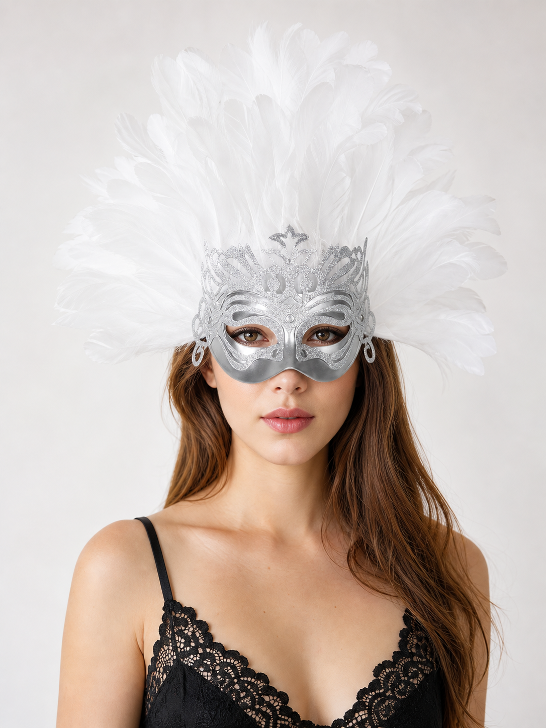 1pc White Feather Mask with Silver Lace Hollow Out, Crown Headdress for Vintage main product view 5