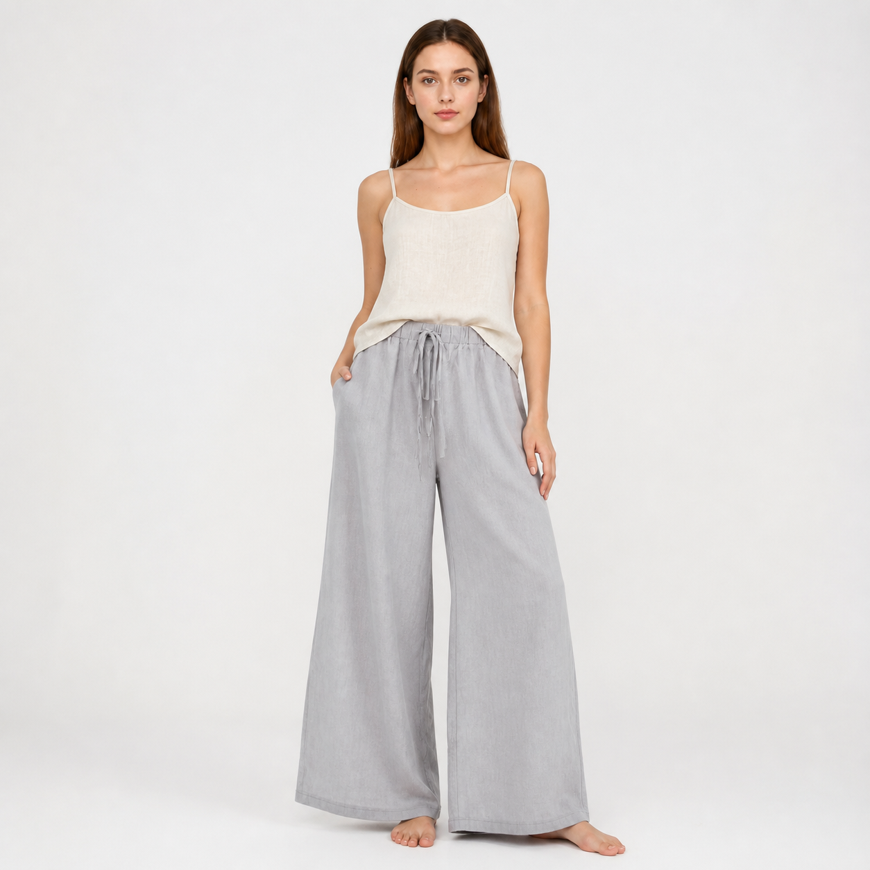 Gray wide-leg jeans with a drawstring and elastic waistband main product view 3