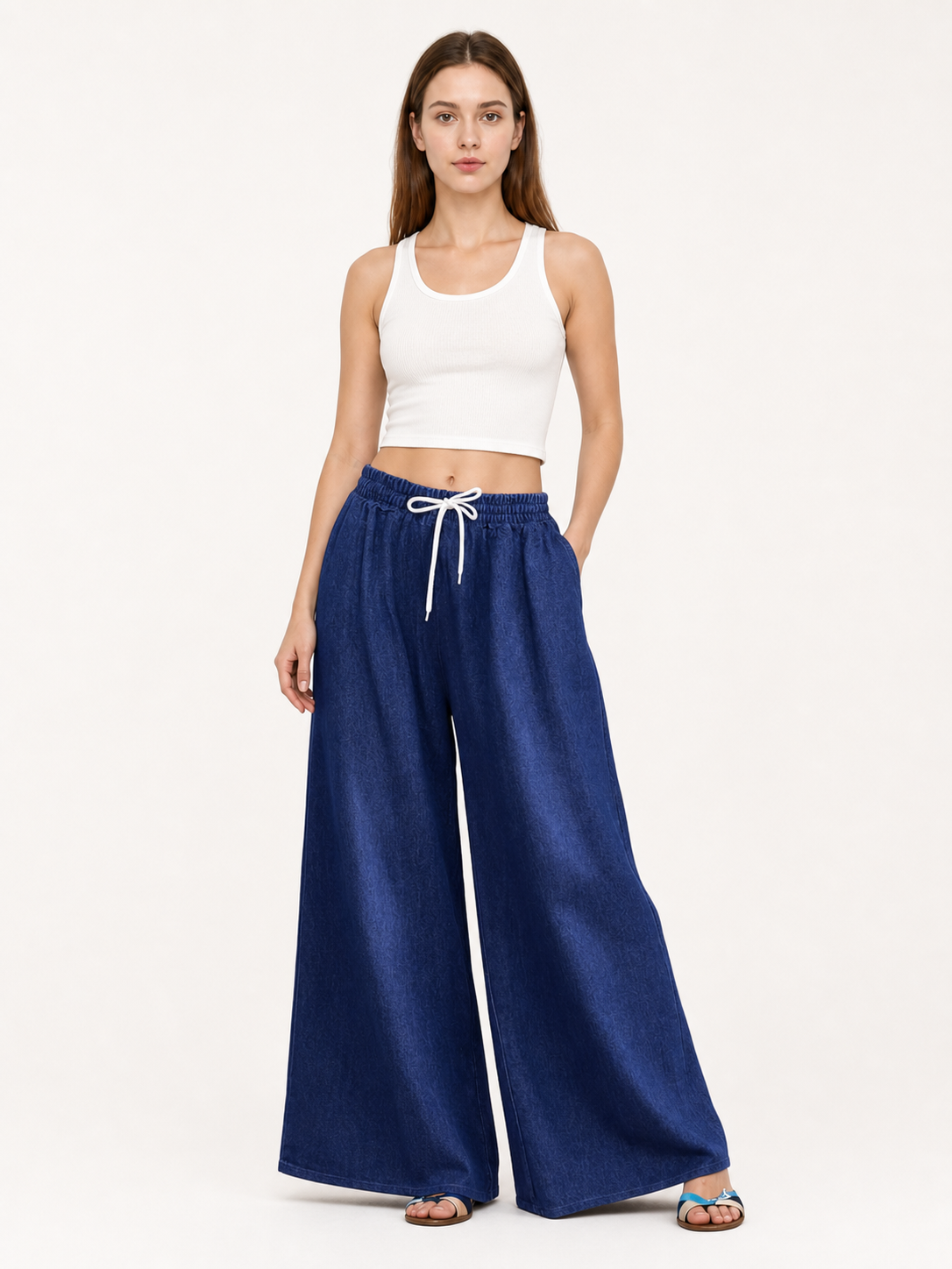 Dark Blue Palazzo Pants with an Elastic Waistband and White Drawstring main product view 3