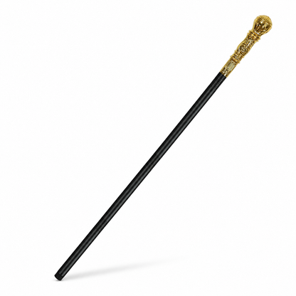Black costume scepter with a bright gold decorative handle, shown diagonally against a plain white background