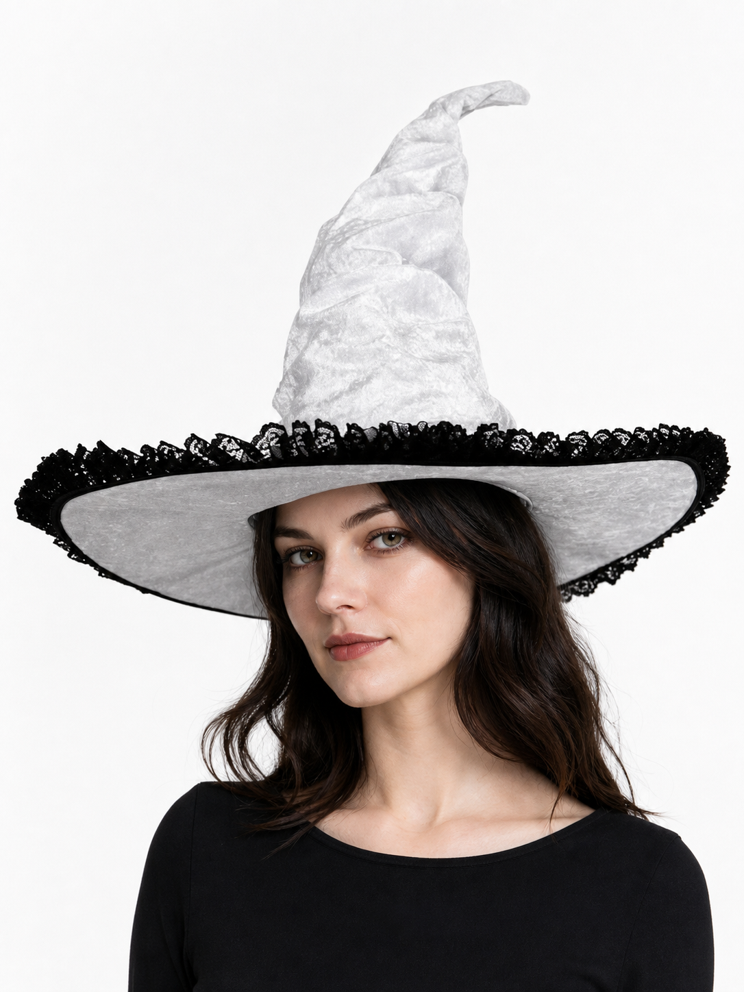 Light Gray White Halloween Witch Hat with Black Lace Trim, Tall Bent Pointed Crown and Wide Brim for Witch Cosplay Costume Party